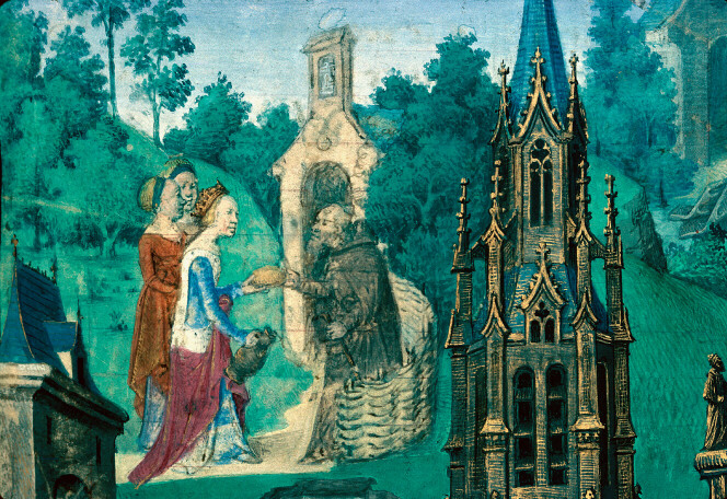 <b>Clotilde apportant des subsides à un ermite.</b><br />La cité de Dieu. Saint Augustin. Paris. XVe.