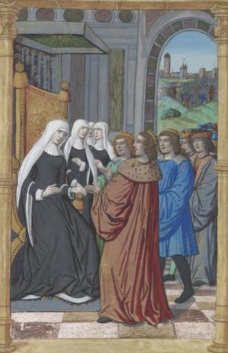 <b>Partage du royaume de Clovis devant sainte Clotilde.</b><br />Chroniques françaises. Guillaume Crétin. XVIe.