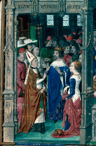 <b>Saint Remi accueille Clovis et sainte Clotilde à Reims.</b><br />La cité de Dieu. Saint Augustin. Paris. XVe.