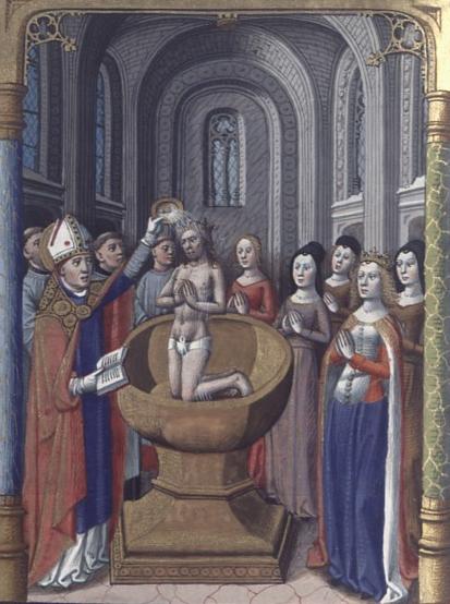 <b>Sainte Clotilde au baptême de Clovis.</b><br />Legenda aurea. Bx J. de Voragine. J. de Besançon. XVe.