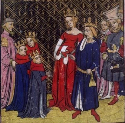 <b>Sainte Clotilde et sa famille, notamment trois de ses petits fils dont le futur saint Cloud.</b><br/> Grandes chroniques de France. XIVe.